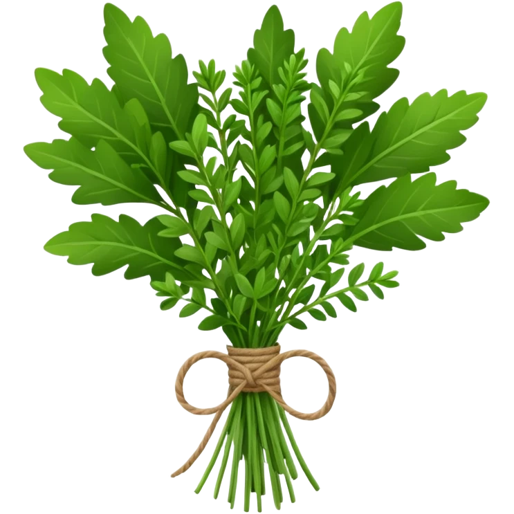 bouquet garni, small bundle of thyme, bay leaf, parsley, tied with twine, green leaves, textured, neat, soft lighting, subtle shadows, no pot, no dish, no faces, emoji scale emoji