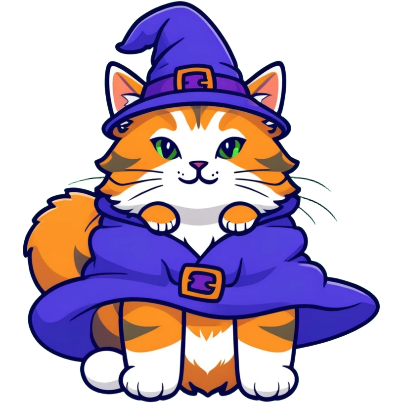 full body Maine coon ginger tabby cat flopped over on her back wearing an indigo witch hat emoji