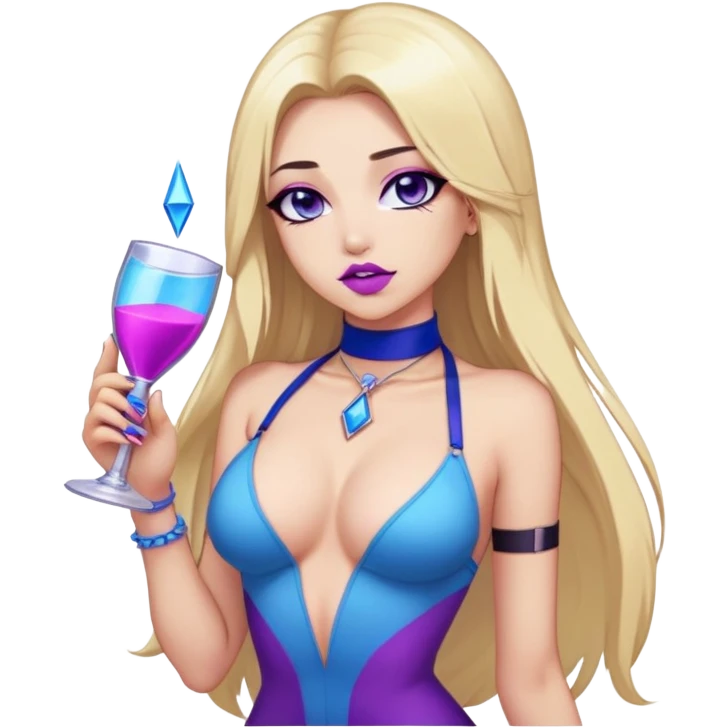 "Sticker with a full-length front view of a girl. Hourglass figure. Long straight blonde hair with blue tips. Light skin, erotic makeup with sharp eyeliner and purple lips, pink choker on the neck. Erotic pose, ahegao facial expression. Realistic style, clean neutral background." emoji