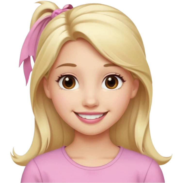 a cute woman like a barbie is smiling, her hair is long, blonde and half ponytail, her eyes color are brown and the color of her lip is soft pink emoji