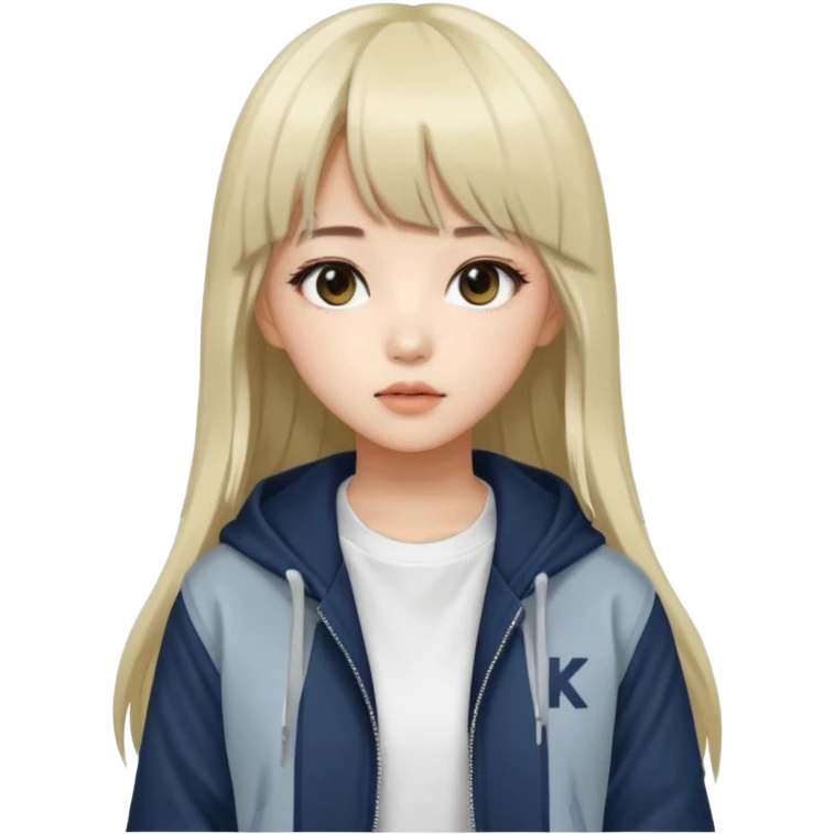 Portrait of a young female K-pop idol, wearing a stylish streetwear outfit with layered clothing, long hair with bangs, cool face emoji