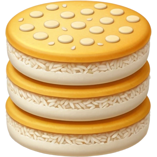 round airy rice cake with lightly puffed bubbled texture, pale off-white color, slightly uneven surface with hints of toasted golden grains, small stack or single crisp, light crunchy appearance, soft lighting, subtle shadows, emoji scale emoji