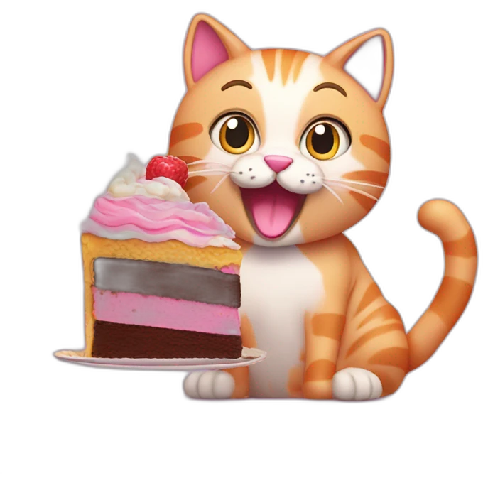 A cheerful pink cat eats a cake and waves its paw  emoji