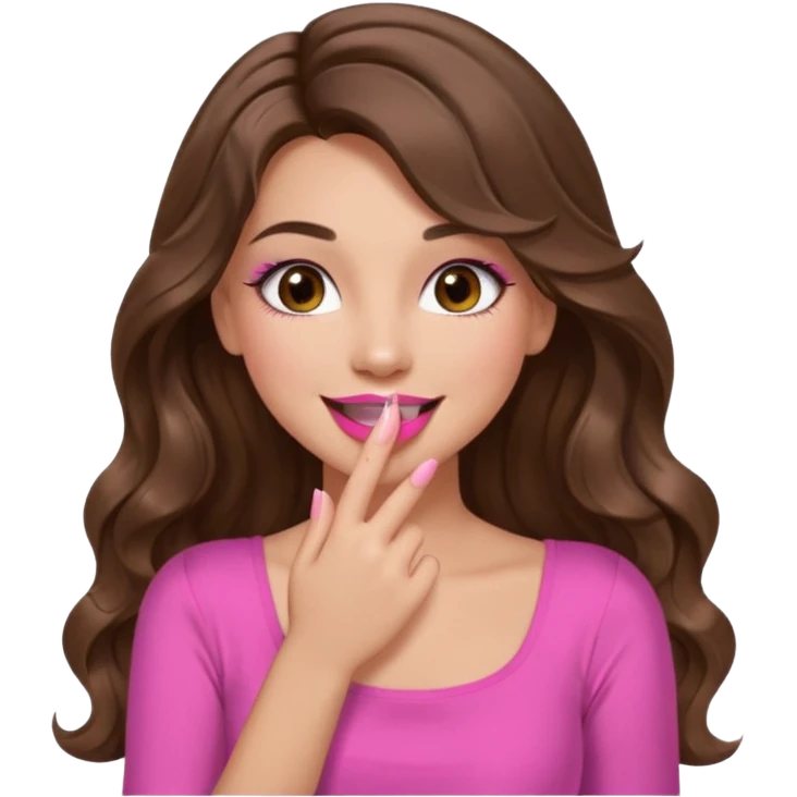 girl with long wavy brown hair, brown eyes, long lashes makeup, pink lips, light to medium complexion, pink sexy top, smiling, hand covering the mouth, giggling emoji