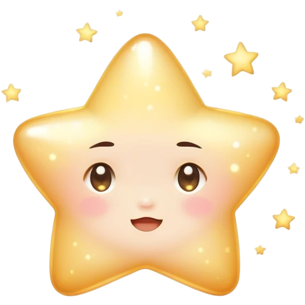 Cinematic cute sparkling star, chubby rounded edges, golden glow, tiny blushing cheeks, warm and gentle shine, twinkling softly in a pastel night sky. emoji