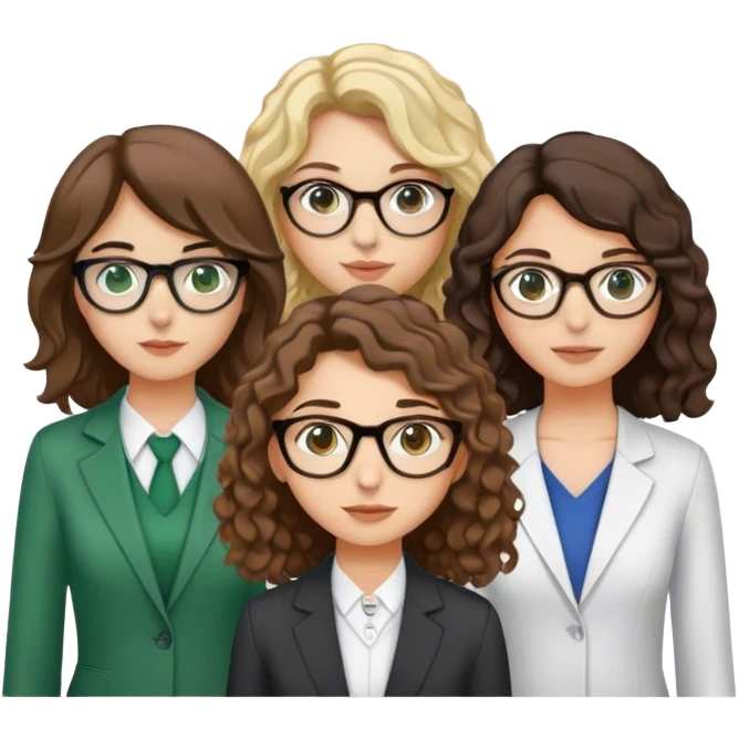4 professionnel,une  turque avec les cheveux brun un peu décoiffer. une  jeune fille brune avec les cheveux légèrement bouclé et les yeux marron, une jeune fille blonde,de avec les cheveux bouclé qui arrive au épaules avec des lunettes et une jeune fille brune avec les cheveux lisse long, yeux vert  emoji