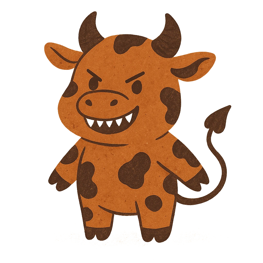 cute evil cow, cartoon style, sharp little teeth, dark spots, tiny devil tail emoji