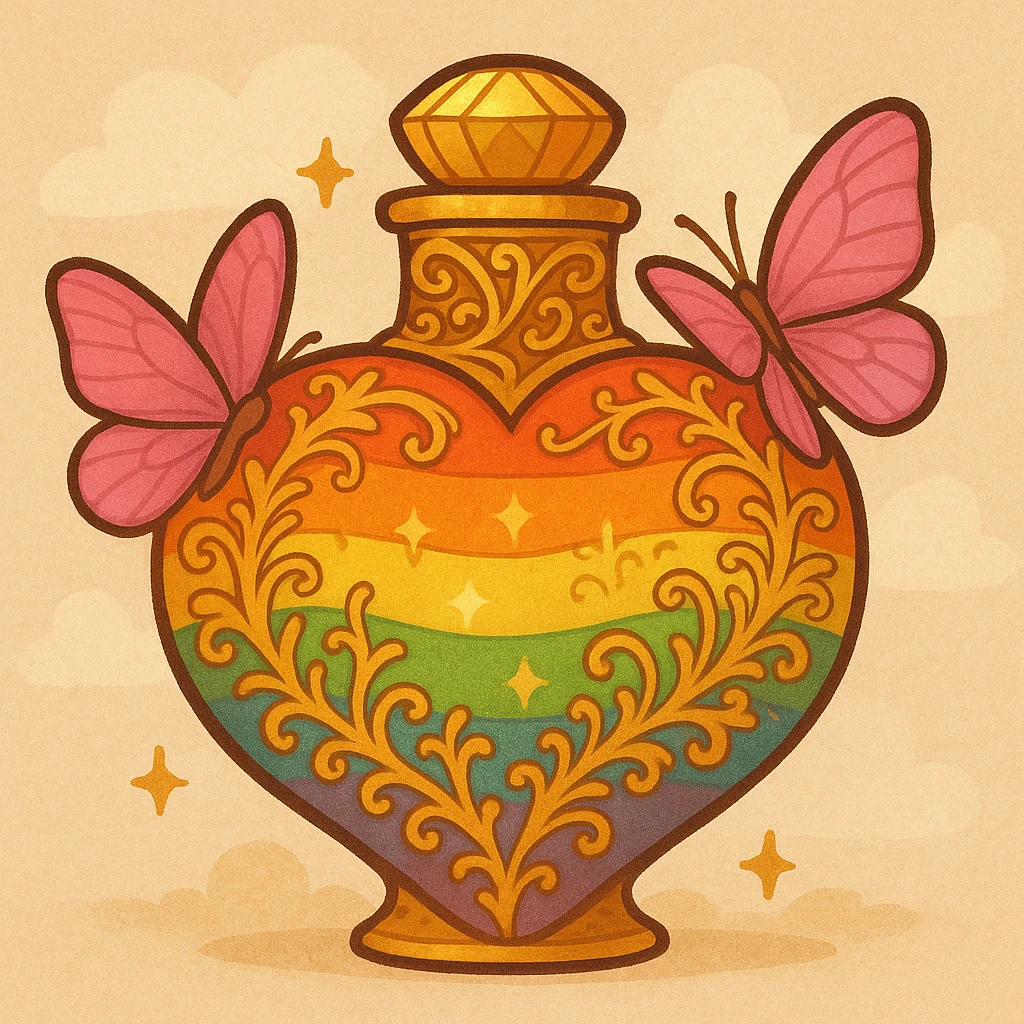 Create a cartoon style perfume bottle inspired by the reference image. Make it more pride-like with extra detail, bright gold highlights, and a rounder bottom. Keep the butterflies as part of the design. Use a bright and warm color palette to emphasize the pride theme. emoji