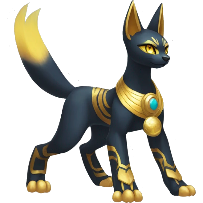 Black godly overpowered ethereal majestic Egyptian Lucario-Litten-Cat-Fakemon. Golden Anubis-Rings and yellow ring-markings. Full body emoji
