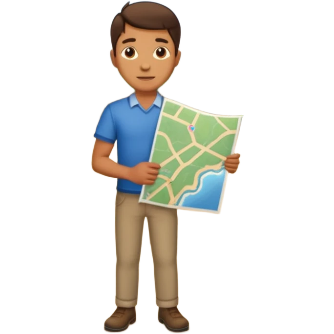 A man stands on a road with a map. There are 3 paths ahead. emoji