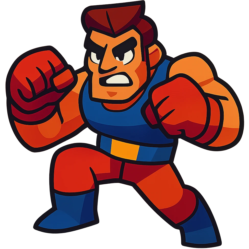 a tough brawler character, muscular, ready to fight, in a dynamic pose, vibrant toon style emoji
