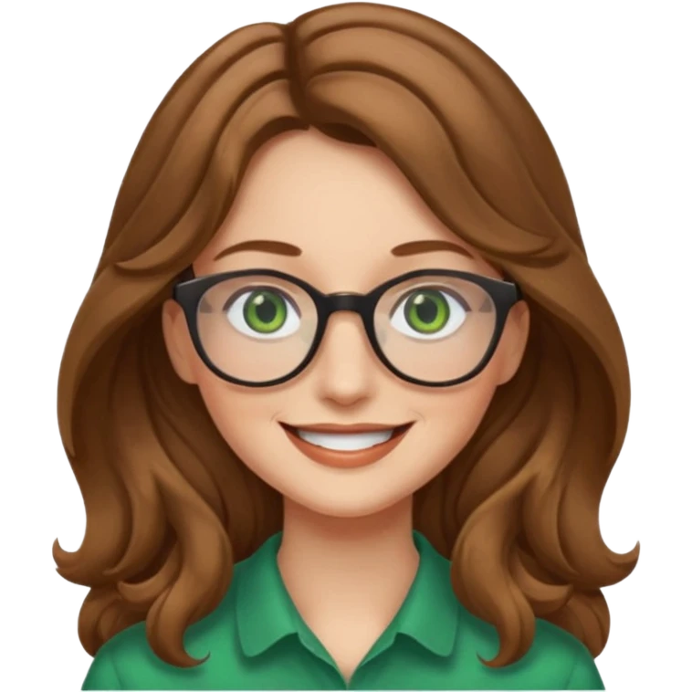 long wavy light brown hair woman with green eyes and glasses smiling closed mouth. middle part hair.  emoji