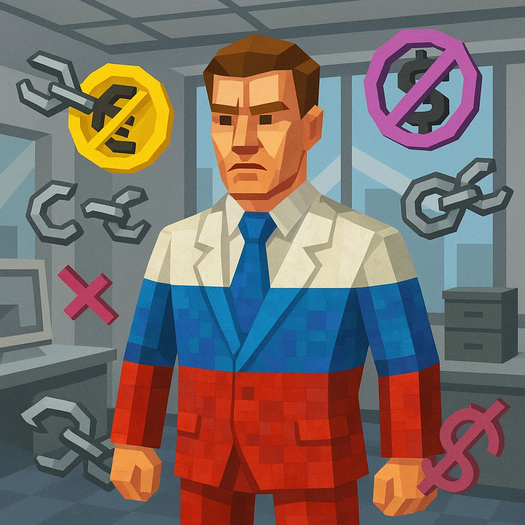 A professional in a suit, serious expression, geometric elements symbolizing economic sanctions, modern office, Russian flag colors, low poly 3D style. emoji