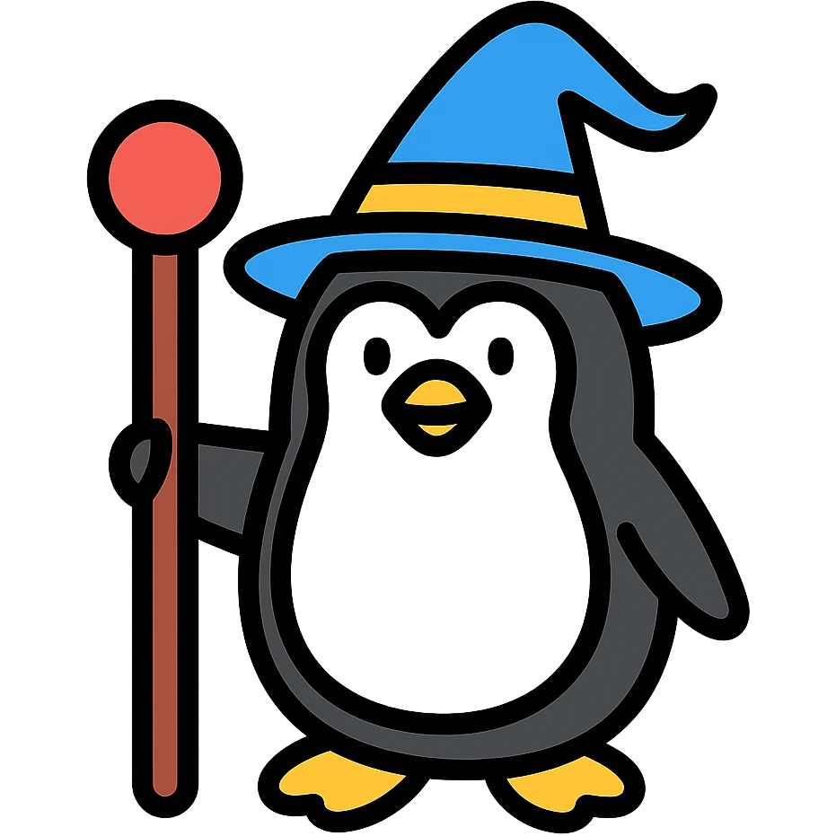 penguin wizard with a staff and wizard hat, color outline icon emoji