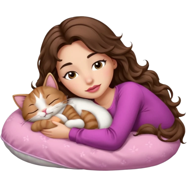 girl with long wavy brown hair, brown eyes, long lashes makeup, sexy pink lips, light to medium complexion,  sleeping on a cozy pillow, with 6 cats, sleeping emoji