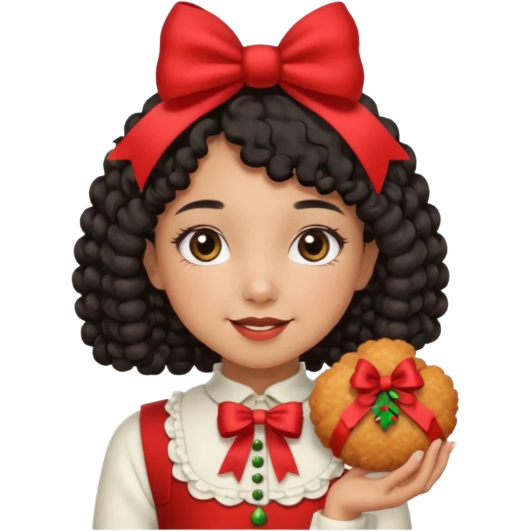 cute girl tan skin, curly black hair chin length, middle part, long eyelashes, cute cheeks, 5'2, outfit croquette style with bows and christmas theme, happy,  emoji