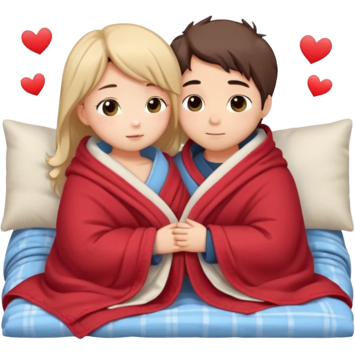 "Cute romantic chibi couple cuddling in bed, kissing gently with blushing cheeks. Both characters under a cozy blanket so clothing is not visible, only shoulders showing. Soft warm lighting, small heart above them, smooth shading, round chibi faces, clean outlines, sticker-style illustration Naked emoji