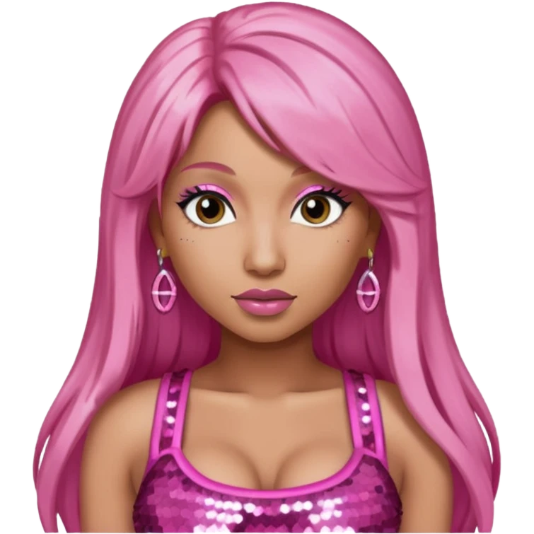 Nicki Minaj with long pink hair, pink sequin crop top, dark brown eye emoji