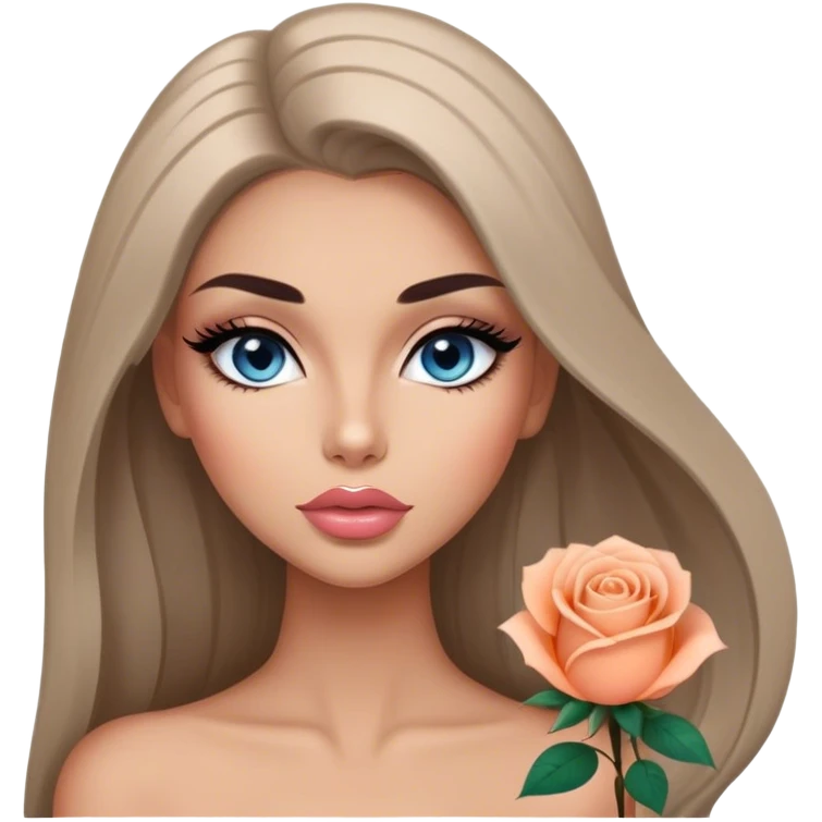 Glamours, tanned, very beautiful girl, with big pump peach-beige-rose lips, long long lashes, black straight smooth silky long hair, straight parting hair, blue-grey eyes emoji