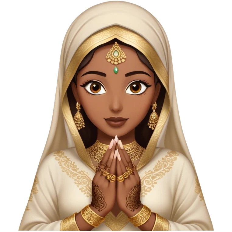 An Arab woman,showcasing her beautifully adorned hands with intricate henna designs  and long, elegant nails. She wears multiple gold rings that complement her shimmering golden Arabic traditional abaya emoji