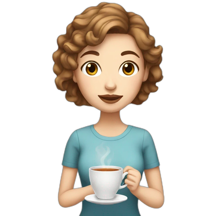 white girl with wavy brown short hair drinking tea emoji
