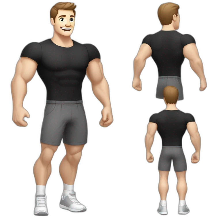 Joyful Celebrating victory Pale skinned Fit Man With the biceps and dark brown hair in black shirt, gray sports shorts and white Sneakers emoji