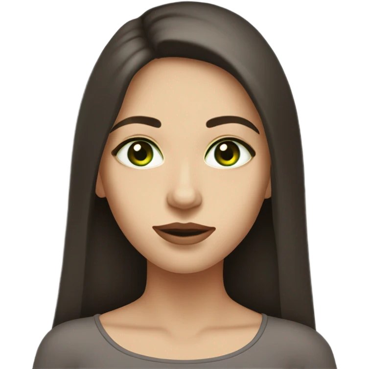 Female with long dark brown hair with fair skin and light green eyes and slim face with full lips and a few moles on the face near the lips  emoji