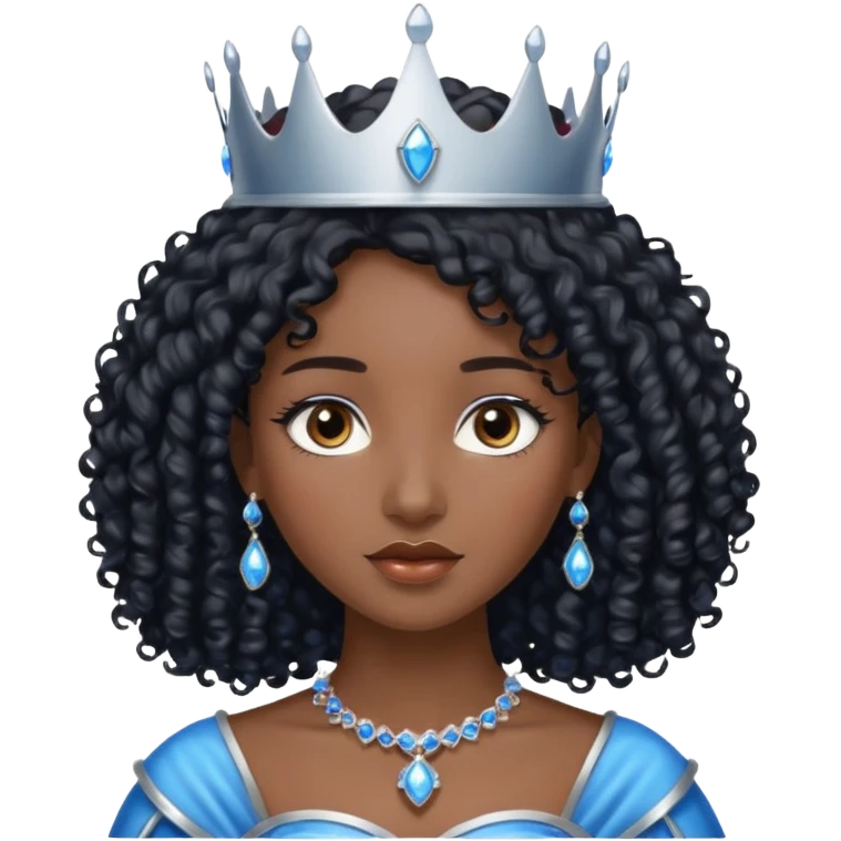 Por favor hazme el emoji de la princesa pero morena con el pelo negro y rizado, los ojos marrones y la corona plateada con jollas azules emoji
