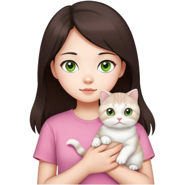 This Chinese girl has fair skin. She has long dark brown hair and is wearing a pink T-shirt. She is holding a white Scottish Fold cat, her cat has light green eyes emoji