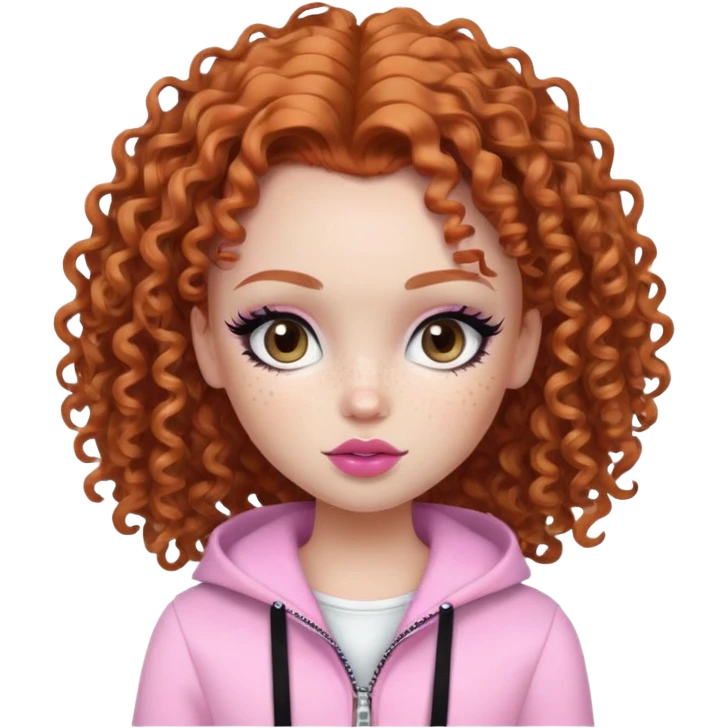 pretty bratz girl, ginger curly hair, freckles, dark brown eyes, pink lips, black eyeliner, pale skin, cute girly clothes emoji