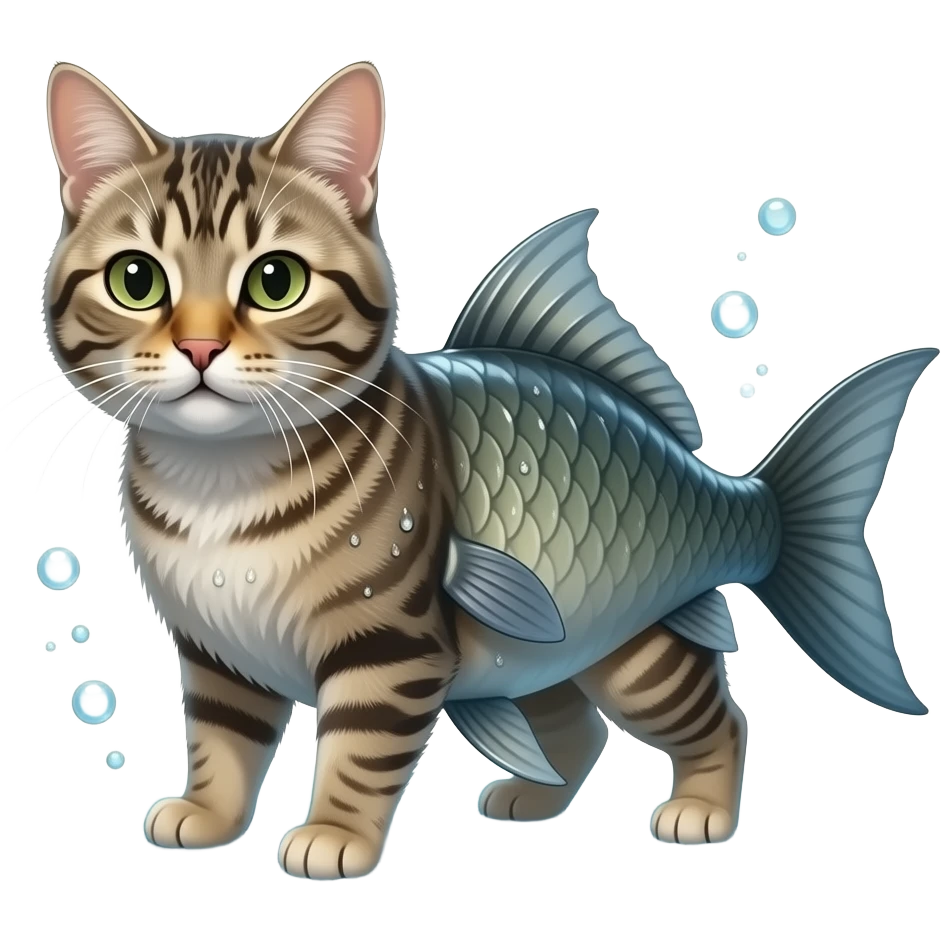 A realistic hybrid animal with a cat’s head and fur, combined with a fish body and fins, underwater environment, bubbles, natural lighting, detailed whiskers, wet texture, photorealistic emoji