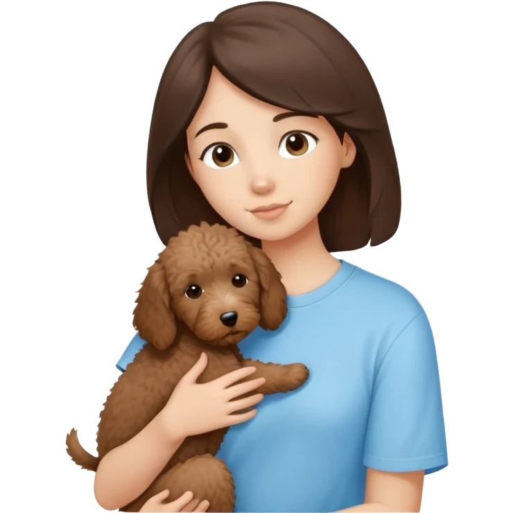 One girl with medium long dark brown hair dressing baby blue T-shirt, hugging One little brown coated labradoodle. emoji