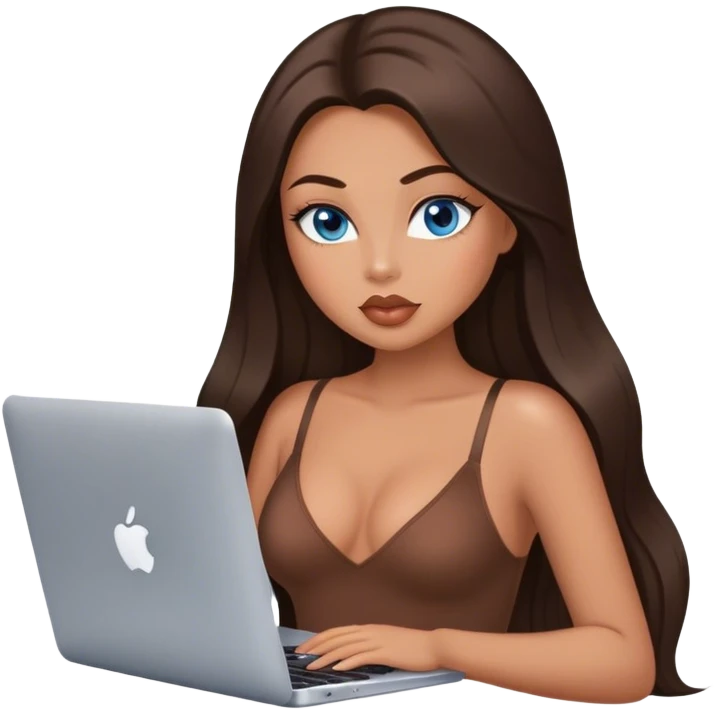 Glamours tanned very beautiful girl with big pump peach lips and dark chocolate straight smooth silky long hair, blue eyes in brown/beige bodysuit with MacBook emoji