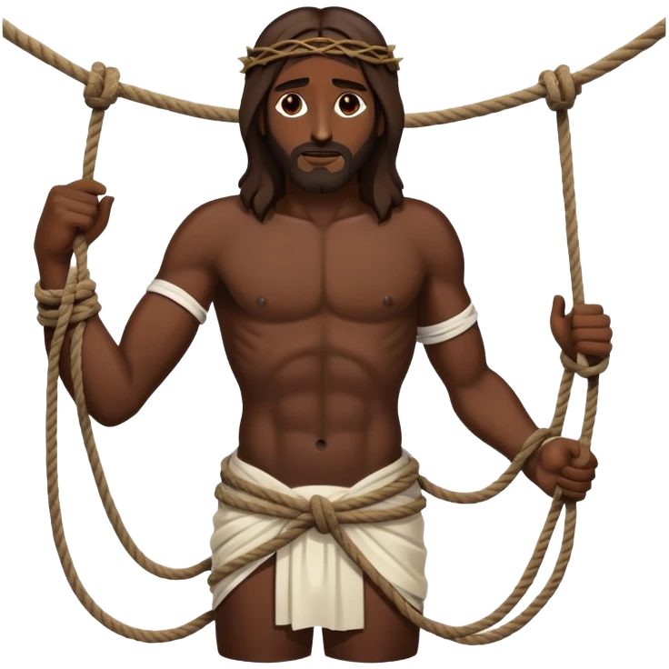 Dark skin christ Jesus tied to ropes with injured  emoji