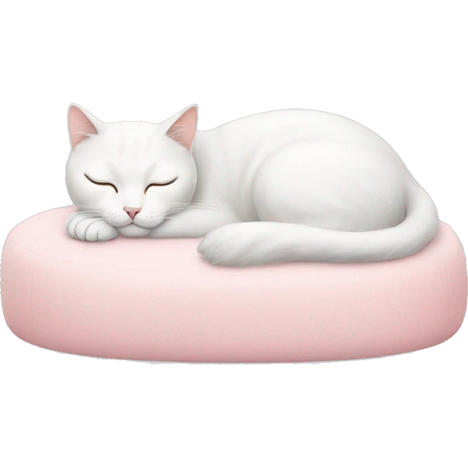 white cat sleeping on light pink cat bed emoji