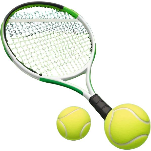 A tennis racket and a ball placed on the ground, with a tennis court in the background. The court lines and net are visible, emphasizing the structure and focus of the sport, creating a dynamic and energetic vibe. emoji