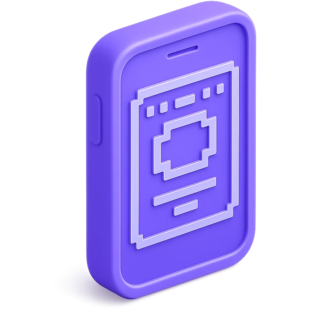 Make this 3D purple smartphone icon front facing, keep pixel art details and shiny look, with transparent background. emoji