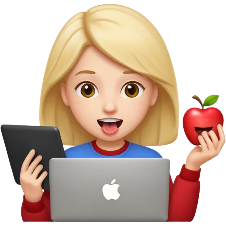 crazy student with laptop, tongue out, wild expression, apple style emoji emoji