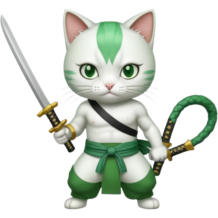 un gato blanco con reeferencia a roroa zoro "una espada en cada mano y una en la boca emoji