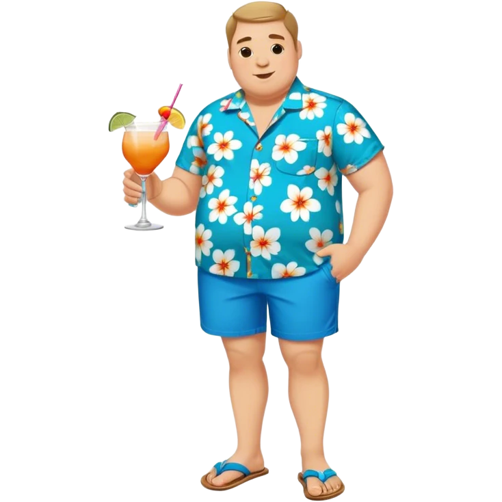 chubby guy full figure in a flowered azure havai shirt, brown shorts and flippers holding a cocktail emoji