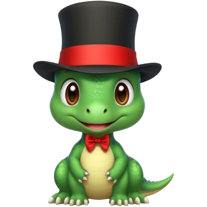 A very cute and adorable green anthropomorphic baby dinosaur with a red top hat emoji