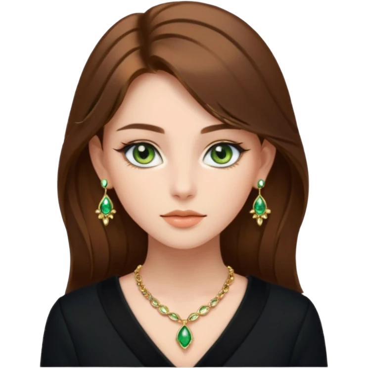 Μια κοπέλα καστανή με μαύρα ωραία ρουχα και σκουλαρίκια και κοσμήματα και βαμμένη ελαφρό και πράσινα μάτια τα κοσμήματα λίγα και χρυσα τα κοσμήματα να είναι λίγα και λεπτα και βαμμενοι emoji