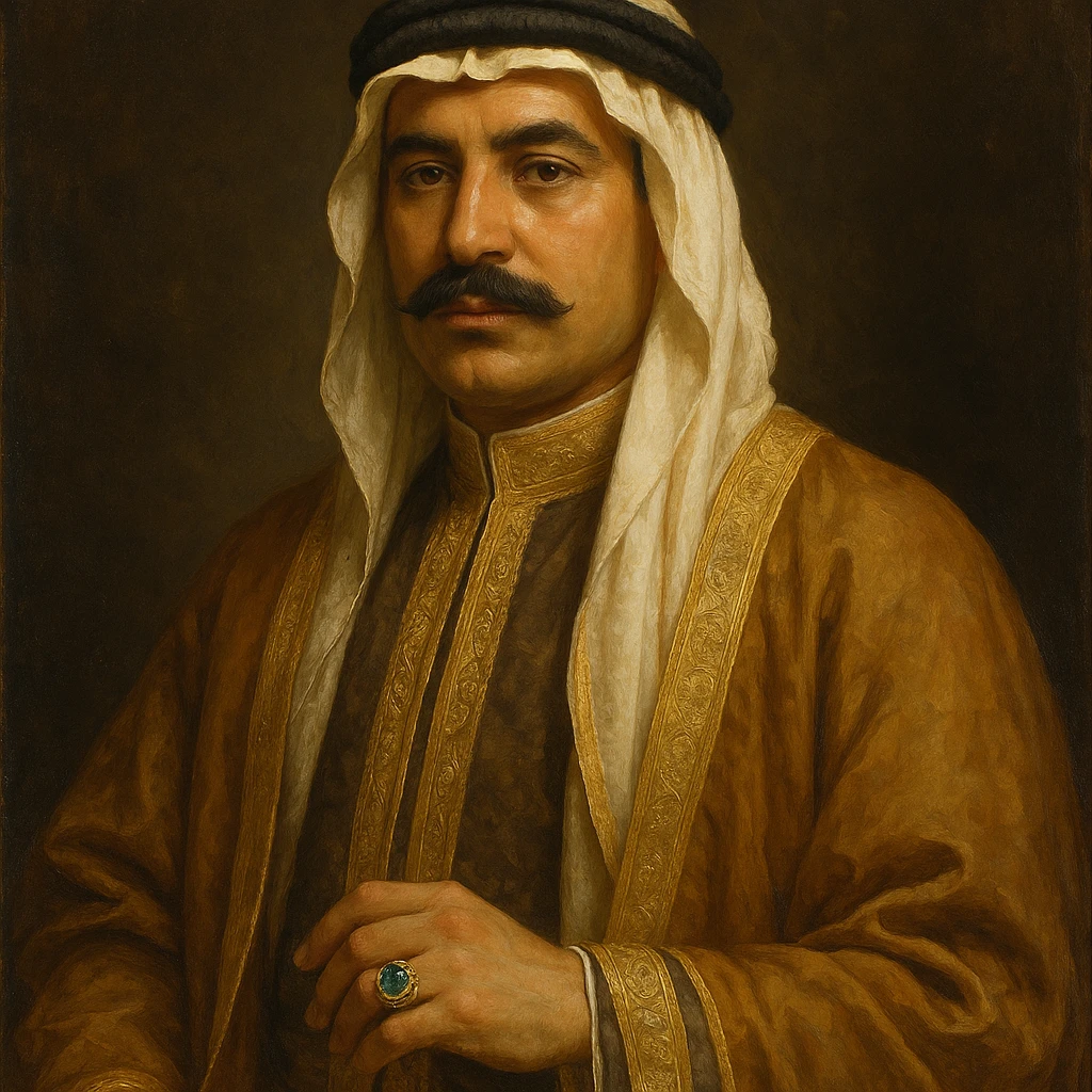 classic rich Arab man, mustache, jeweled ring, traditional robe, poised and wealthy emoji