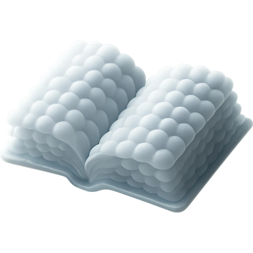 thick open book made entirely of small, very bright white fluffy convex clouds, matte glass style emoji
