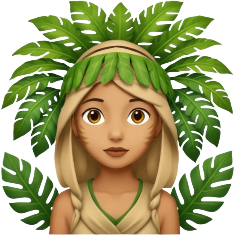 a girl with jungle wearing a large leaf headgear bye  emoji