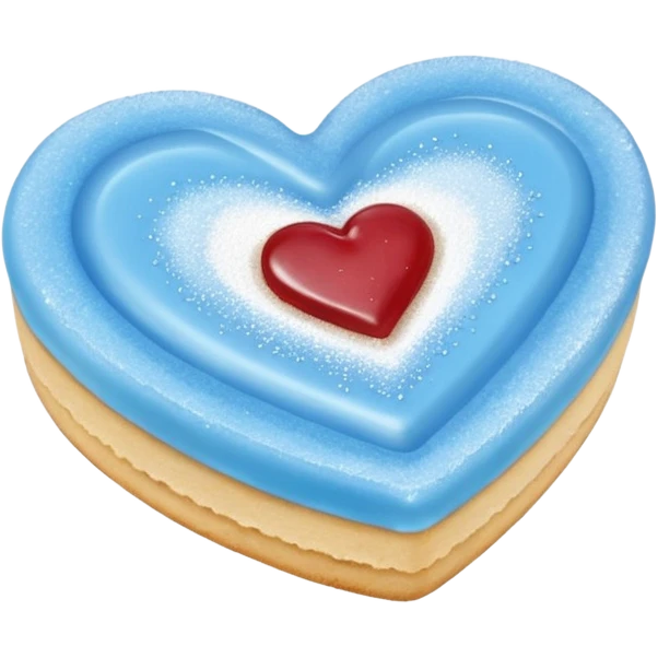 Realistic shortbread cookie in the shape of a heart with Carolina Blue color jelly middle filling and sprinkled powder sugar on top. emoji