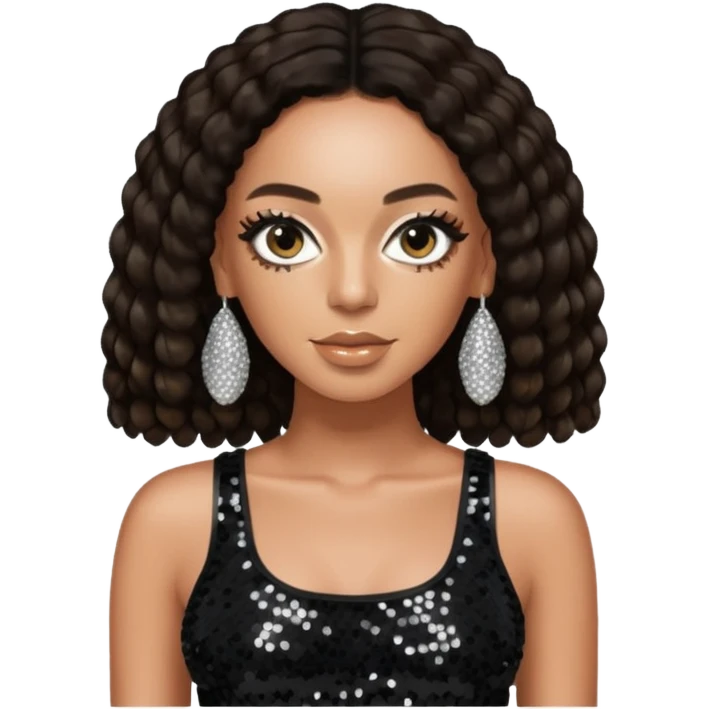 Solange with long dark brown hair, black sequin crop top, black sequin pants emoji