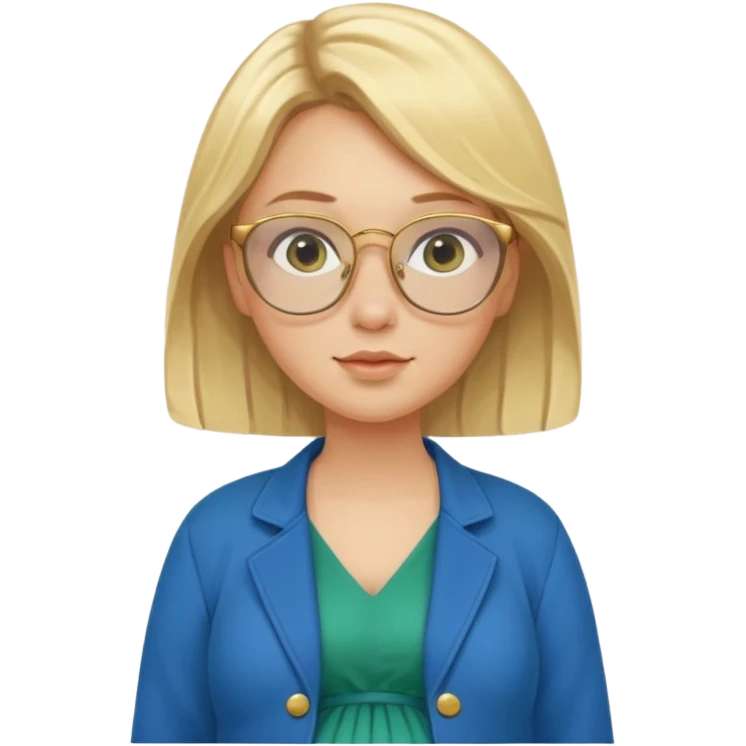 pregnant blonde 18-year old with golden glasses in a bright blue dress and a dark green jacket on top of the blue dress standing sassily emoji