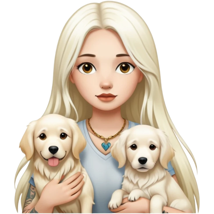girl with long white  straight hair and tattoos and two white Golden Retriever emoji