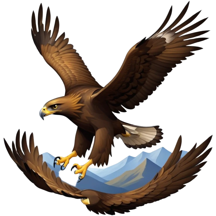 cinematic-golden eagle-realistic-full-body-soaring-emoji,-massive-wings-spread-wide-against-the-open-sky,-sharp-beak-curved-and-powerful,-piercing-golden-eyes-scanning-the-land-below,-strong-feathered-legs-tucked-tight,-dark-brown-feathers emoji
